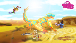 Size: 1200x687 | Tagged: safe, artist:zulema, dragon, pony, tigrex, wyvern, armor, crossover, monster hunter, sword, weapon