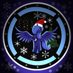 Size: 640x640 | Tagged: safe, artist:pinkie314, princess luna, pony, g4, achievement, christmas, circle, eyes closed, female, hat, s1 luna, santa hat, snow, snowflake, solo, spread wings, xbox