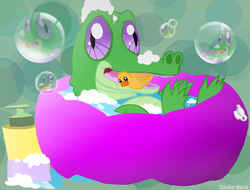 Size: 1362x1034 | Tagged: dead source, safe, artist:giuliabeck, gummy, alligator, g4, bath, male, solo