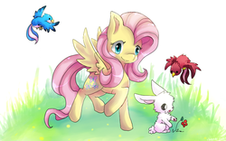 Size: 800x500 | Tagged: safe, artist:cheerubi, fluttershy, bird, pegasus, pony, rabbit, g4, animal, cute, female, flower, grass, mare, outdoors, raised hoof, shyabetes, smiling, solo, spread wings, three quarter view, wings