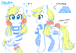Size: 1100x768 | Tagged: safe, artist:chinad011, oc, oc only, oc:cloudia, pegasus, pony, bow, clothes, cloud, female, glasses, hair bow, mare, reference sheet, scarf, sketch, solo, tail bow