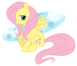 Size: 1280x1111 | Tagged: safe, artist:bubble89, fluttershy, pegasus, pony, g4, abstract background, blushing, female, looking at you, mare, profile, raised hoof, sitting, smiling, solo, spread wings, three quarter view, wings