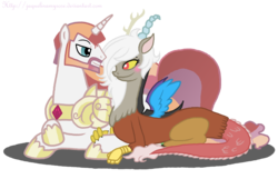 Size: 2026x1304 | Tagged: dead source, safe, artist:jaquelindreamz, discord, princess celestia, alicorn, pony, g4, blushing, crossed hooves, eris, female, lidded eyes, looking at each other, male, prince solaris, prone, rule 63, ship:dislestia, ship:soleris, shipping, simple background, smiling, spread wings, straight, transparent background, wings