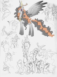 Size: 2550x3445 | Tagged: safe, artist:frankilew, discord, princess celestia, g4, discorded, female, high res, male, ship:dislestia, shipping, straight, traditional art