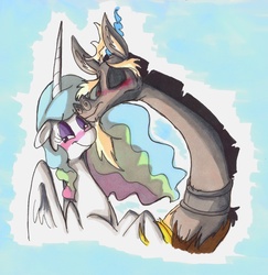 Size: 2312x2375 | Tagged: safe, artist:frankilew, discord, princess celestia, alicorn, draconequus, pony, g4, female, high res, male, ship:dislestia, shipping, straight, traditional art