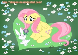 Size: 1770x1257 | Tagged: safe, artist:simonesan, angel bunny, fluttershy, pegasus, pony, rabbit, g4, animal, blushing, duo, female, floppy ears, flower, flower field, folded wings, heart shaped, looking at someone, looking down, mare, mouth hold, outdoors, sitting, smiling, wings