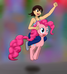 Size: 1500x1650 | Tagged: safe, artist:empyu, pinkie pie, earth pony, human, pony, g4, abstract background, azumanga daioh, crossover, duo, humans riding ponies, riding, smiling, takino tomo