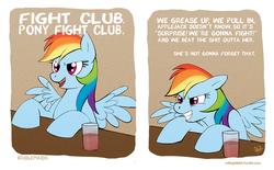 Size: 1000x618 | Tagged: dead source, safe, artist:rollingrabbit, applejack, rainbow dash, pegasus, pony, g4, bar, bridesmaids, female, fight club, glass, mare, parody, quote, scene interpretation, solo