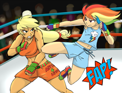 Size: 1500x1143 | Tagged: safe, artist:megasweet, artist:php44, applejack, rainbow dash, human, g4, applebucking thighs, belly button, boxing, clothes, fap, fight, fingerless gloves, gloves, hatless, humanized, kickboxing, martial arts, midriff, missing accessory, mixed martial arts, shorts, sports bra
