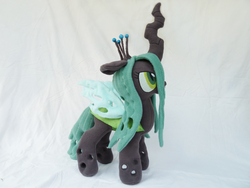 Size: 1024x768 | Tagged: dead source, safe, artist:wild-hearts, queen chrysalis, changeling, changeling queen, g4, crown, female, frown, irl, jewelry, photo, plushie, regalia, solo, standing