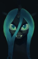 Size: 652x1010 | Tagged: safe, artist:blu-red, queen chrysalis, changeling, changeling queen, g4, black background, bust, fangs, female, looking at you, simple background, smiling, solo