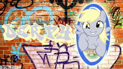 Size: 1366x768 | Tagged: safe, artist:detectivebuddha, derpy hooves, pegasus, pony, g4, female, graffiti, mare, portal, solo, wallpaper