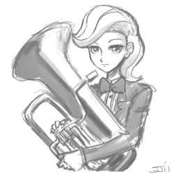 Size: 900x900 | Tagged: safe, artist:johnjoseco, beauty brass, human, g4, female, grayscale, humanized, monochrome, musical instrument, solo, tuba