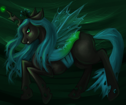 Size: 1024x853 | Tagged: source needed, safe, artist:chelekat, queen chrysalis, changeling, changeling queen, g4, fangs, female, green eyes, solo