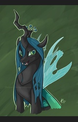 Size: 574x900 | Tagged: safe, artist:keyfeathers, queen chrysalis, changeling, changeling queen, g4, crown, fangs, female, frown, jewelry, open mouth, regalia, signature, sitting, smiling, solo