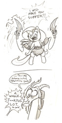 Size: 504x1000 | Tagged: safe, artist:mickeymonster, discord, fluttershy, draconequus, pegasus, pony, g4, bipedal, comic, female, god of war, kratos, male, mare, monochrome, parody, speech bubble, sword, this will end in death, weapon, yelling