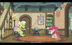 Size: 640x400 | Tagged: safe, screencap, apple bloom, granny smith, family appreciation day, g4, youtube caption