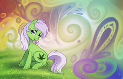Size: 700x452 | Tagged: safe, artist:shinepawpony, oc, oc only, earth pony, pony, blunt, drugs, female, grass, looking at you, mare, marijuana, psychedelic, sitting, solo, turned head