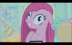 Size: 640x400 | Tagged: safe, screencap, pinkie pie, g4, party of one, contemplating insanity, insanity face, irony, youtube caption