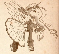 Size: 2508x2268 | Tagged: safe, artist:bunnimation, princess celestia, alicorn, pony, g4, clothes, dress, female, monochrome, raised hoof, solo, steampunk