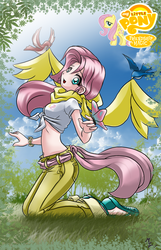 Size: 824x1280 | Tagged: safe, artist:mauroz, fluttershy, human, g4, belly button, cute, female, front knot midriff, humanized, midriff, my little pony logo, shyabetes, solo, stock vector