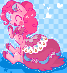 Size: 871x952 | Tagged: safe, artist:matcharoll, pinkie pie, earth pony, pony, g4, clothes, cute, diapinkes, dignified wear, dress, eyes closed, eyestrain warning, female, gala dress, heart, open mouth, profile, sitting, solo