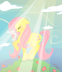 Size: 700x809 | Tagged: dead source, safe, artist:jupiterdreamer, angel bunny, fluttershy, pegasus, pony, rabbit, g4, animal, duo, eyes closed, light rays
