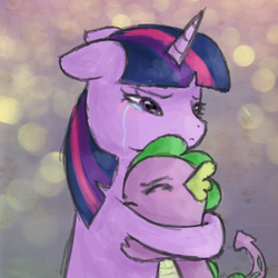 Size: 900x900 | Tagged: safe, artist:flutterwonder, spike, twilight sparkle, dragon, pony, unicorn, g4, abstract background, baby, baby dragon, crying, duo, eyes closed, female, hug, male, mama twilight, unicorn twilight
