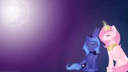 Size: 3840x2160 | Tagged: safe, artist:flutterwonder, princess celestia, princess luna, alicorn, pony, g4, duality, duo, eyes closed, female, filly, high res, magic, mare, pinklestia, s1 luna, sitting