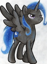 Size: 712x971 | Tagged: dead source, safe, artist:flutterwonder, nightmare moon, trixie, oc, oc only, oc:nightmare trixie, alicorn, pony, female, fusion, fusion:nightmare moon, fusion:trixie, fusion:trixiemoon, mare, solo, traditional art, wings