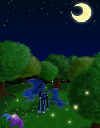 Size: 2348x3011 | Tagged: safe, artist:stara23, princess luna, firefly (insect), pony, g4, crescent moon, eyes closed, female, flower, high res, moon, night, smiling, solo, stars, tree