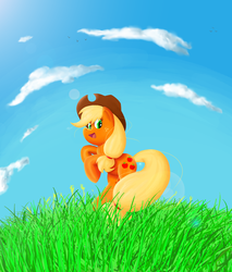 Size: 2133x2505 | Tagged: safe, artist:stara23, applejack, earth pony, pony, g4, cloud, female, grass, high res, mare, open mouth, rearing, solo