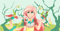 Size: 1349x696 | Tagged: safe, artist:davedile, fluttershy, bird, butterfly, human, g4, animal, female, humanized, solo