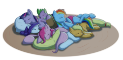 Size: 1497x736 | Tagged: safe, artist:arcticwaters, artist:cuddlelamb, applejack, fluttershy, pinkie pie, rainbow dash, rarity, spike, twilight sparkle, dragon, earth pony, pegasus, pony, unicorn, g4, book, cuddle puddle, female, male, mane seven, mane six, mare, pony pillow, sleeping, snuggling, unicorn twilight