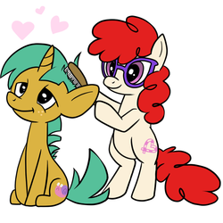 Size: 600x600 | Tagged: artist needed, source needed, safe, snails, twist, earth pony, pony, unicorn, g4, bipedal, brush, brushie, colt, duo, female, filly, foal, glasses, heart, male, ship:snailstwist, shipping, straight