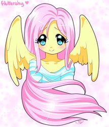 Size: 800x933 | Tagged: dead source, safe, artist:livvychan, fluttershy, human, anthro, g4, anime style, bust, clothes, female, human facial structure, humanized, moe, pony coloring, shirt, solo, winged humanization, wings