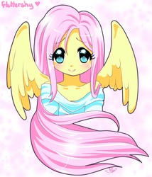 Size: 800x933 | Tagged: dead source, safe, artist:livvychan, fluttershy, human, g4, anime style, bust, clothes, female, humanized, moe, pony coloring, shirt, solo, winged humanization, wings