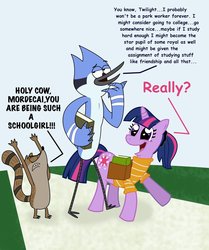 Size: 900x1078 | Tagged: safe, artist:abigail m., twilight sparkle, pony, unicorn, g4, angry, book, comic sans, crossover, crossover shipping, female, happy, male, mare, mordecai, mordecai and rigby, mordetwi, regular show, rigby (regular show), road, unicorn twilight, walking, yelling