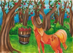 Size: 2230x1645 | Tagged: safe, artist:craqui, applejack, horse, pony, g4, apple, female, food, solo, traditional art, tree