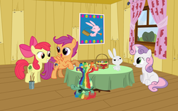 Size: 1280x800 | Tagged: safe, artist:philiptomkins, angel bunny, apple bloom, scootaloo, sweetie belle, tank, earth pony, pegasus, pony, unicorn, g4, cutie mark crusaders