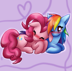 Size: 938x934 | Tagged: safe, artist:mahoxyshoujo, pinkie pie, rainbow dash, earth pony, pegasus, pony, g4, blushing, cuddling, cute, diapinkes, female, lesbian, ship:pinkiedash, shipping