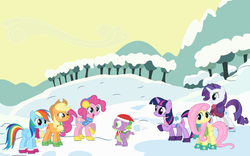 Size: 1280x800 | Tagged: safe, artist:philiptomkins, applejack, fluttershy, pinkie pie, rainbow dash, rarity, spike, twilight sparkle, dragon, earth pony, pegasus, pony, unicorn, g4, baby, baby dragon, female, male, mane seven, mane six, mare, open mouth, snow