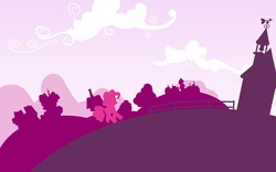 Size: 1920x1200 | Tagged: safe, artist:philiptomkins, pinkie pie, earth pony, pony, g4, cloud, female, hooves, lineless, mare, minimalist, ponyville, ponyville schoolhouse, school, silhouette, solo, wallpaper