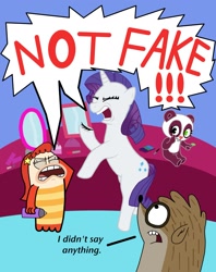 Size: 1691x2135 | Tagged: safe, artist:abigail m., rarity, oc, g4, crossover, eyes closed, fish hooks, happy tree friends, male, non-mlp oc, regular show, rigby (regular show), screaming