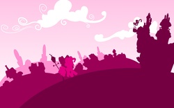 Size: 1920x1200 | Tagged: safe, artist:philiptomkins, part of a set, pinkie pie, earth pony, pony, g4, cloud, female, hooves, lineless, mare, minimalist, ponyville, profile, silhouette, solo, sugarcube corner, wallpaper