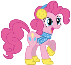 Size: 2000x1844 | Tagged: safe, artist:philiptomkins, pinkie pie, earth pony, pony, g4, boots, clothes, earmuffs, female, mare, open mouth, raised hoof, scarf, simple background, solo, transparent background, vector