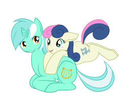 Size: 500x400 | Tagged: safe, artist:lulubell, bon bon, lyra heartstrings, sweetie drops, earth pony, pony, unicorn, g4, female, lesbian, looking at each other, ship:lyrabon, shipping, simple background, smiling, white background