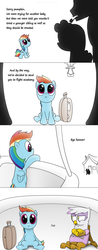 Size: 875x2240 | Tagged: safe, artist:thestoicmachine, gilda, rainbow dash, griffon, g4, comic, crossed arms, cub, filly, flight academy, frown, hot air balloon, looking left, sad, suitcase, that explains everything, twinkling balloon
