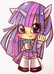 Size: 316x426 | Tagged: safe, artist:howzih, twilight sparkle, human, g4, blushing, book, clothes, female, horn, horned humanization, humanized, looking at you, skirt, solo, traditional art