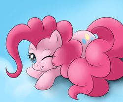 Size: 900x747 | Tagged: dead source, safe, artist:maplesunrise, pinkie pie, earth pony, pony, g4, cute, diapinkes, female, looking at you, mare, one eye closed, prone, smiling, solo